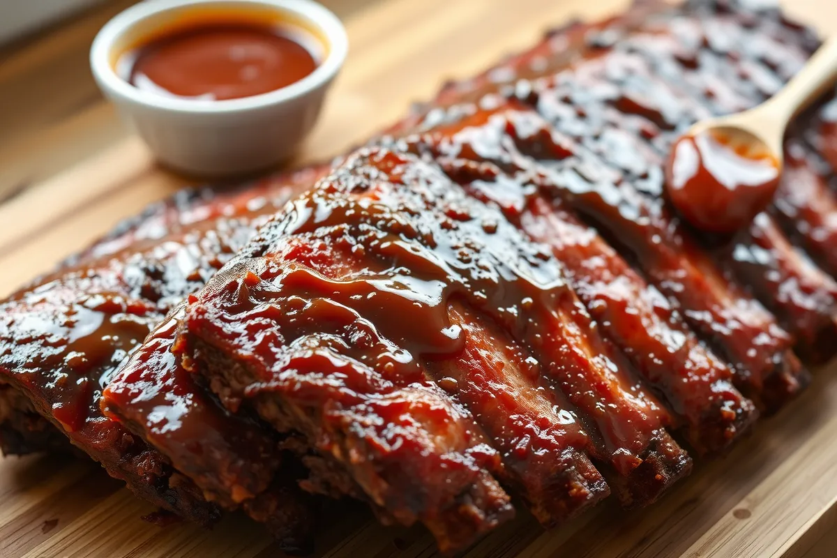 Close-up of juicy beef back ribs glazed with BBQ sauce on a wooden cutting board, with a small bowl of BBQ sauce and a brush on the side, taken in warm kitchen lighting.