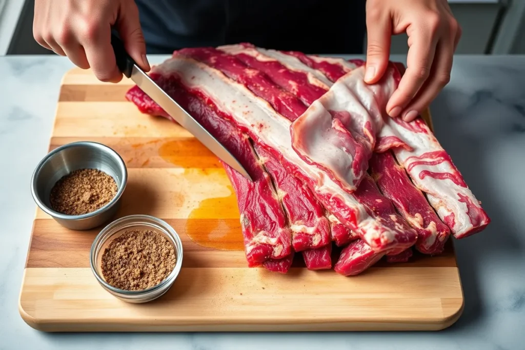 Close-up of hands removing the membrane from a rack of beef back ribs on a wooden cutting board, with a small bowl of dry rub nearby.