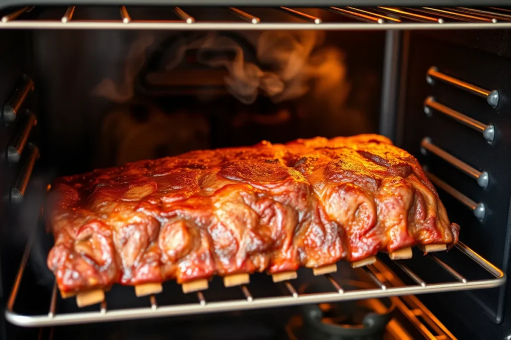 Beef back ribs cooking in a smoker with smoke wafting in the background, showcasing the tender meat on the rack.