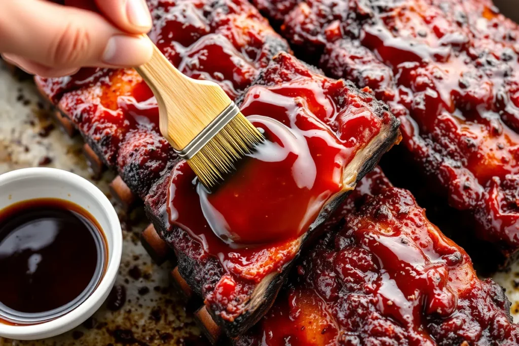 Close-up of beef back ribs being basted with BBQ sauce using a brush, with a bowl of sauce nearby, highlighting the glossy surface of the ribs.