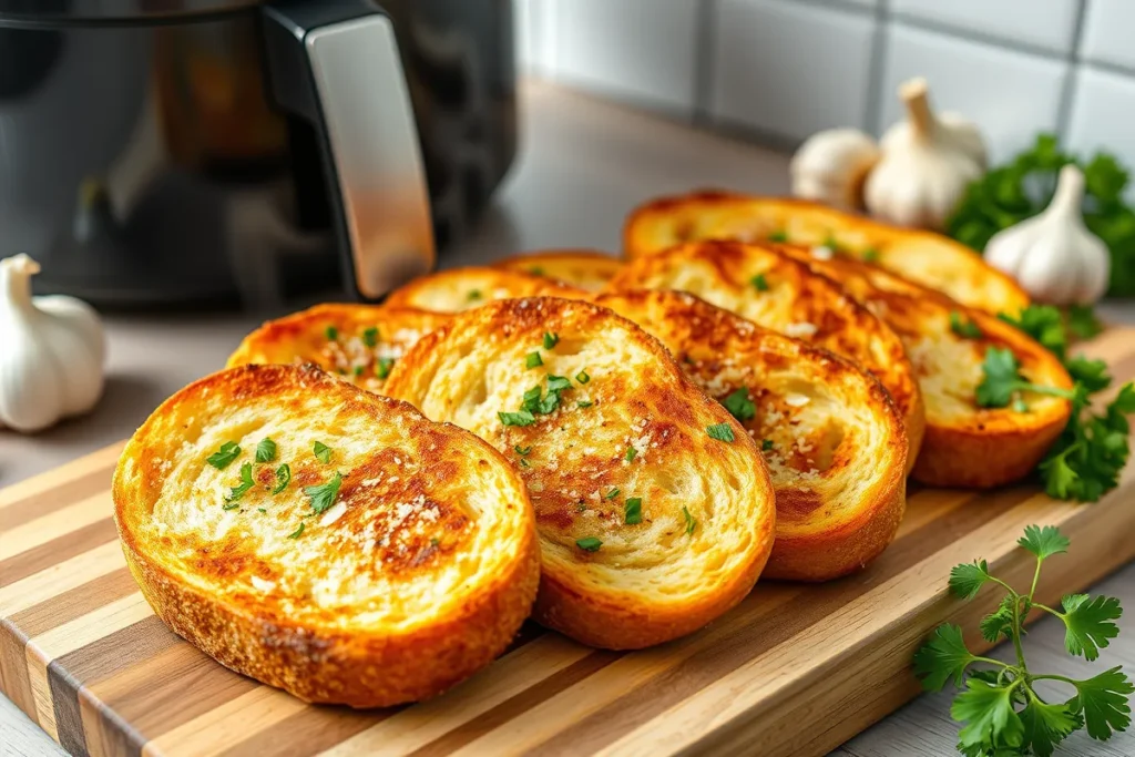 Crispy golden garlic toast made from thick slices of sourdough, topped with melted butter, minced garlic, parsley, and parmesan, served fresh from an air fryer on a wooden cutting board.