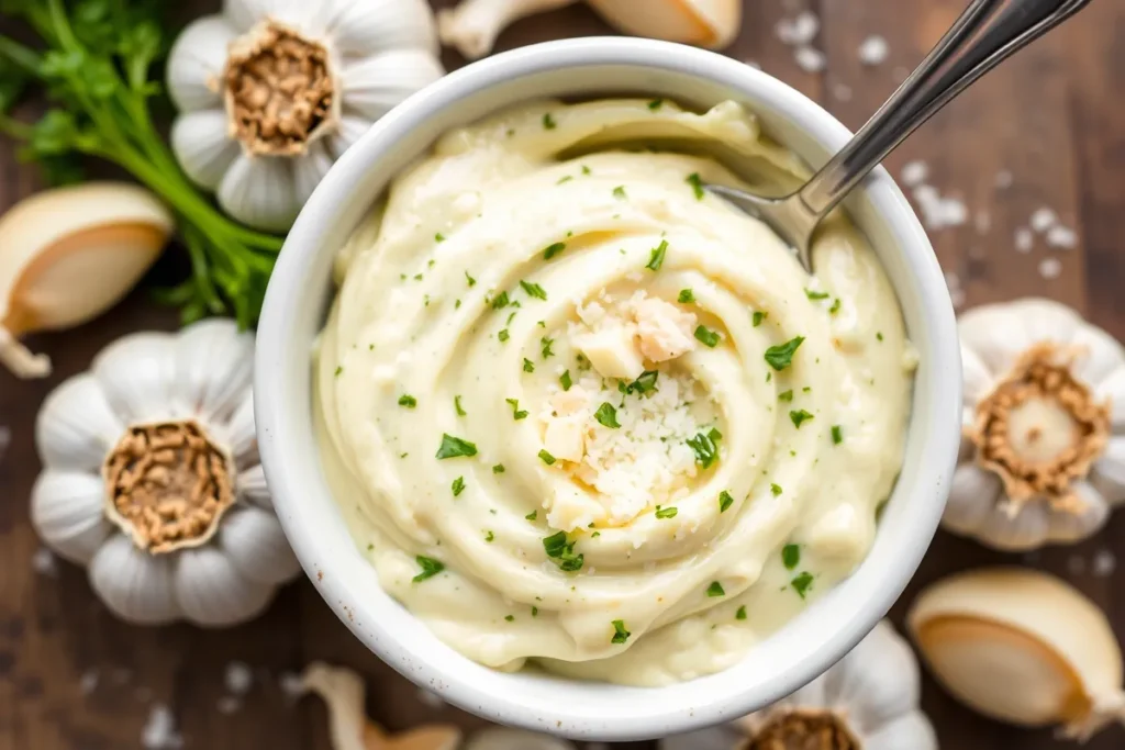 A small bowl filled with creamy garlic butter spread made from softened butter, minced garlic, chopped parsley, and grated parmesan, with garlic cloves nearby.

