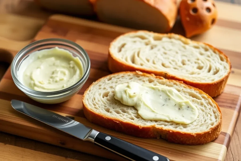 Thick slices of sourdough bread on a wooden cutting board, with a small bowl of garlic butter mixture and a butter knife, showcasing the spreading process.

