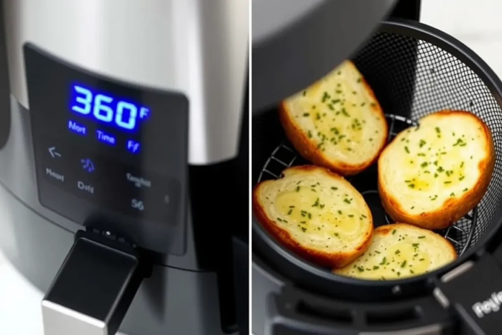 An air fryer with garlic bread slices placed inside the basket, displaying a temperature setting of 360°F and a timer counting down for cooking.

