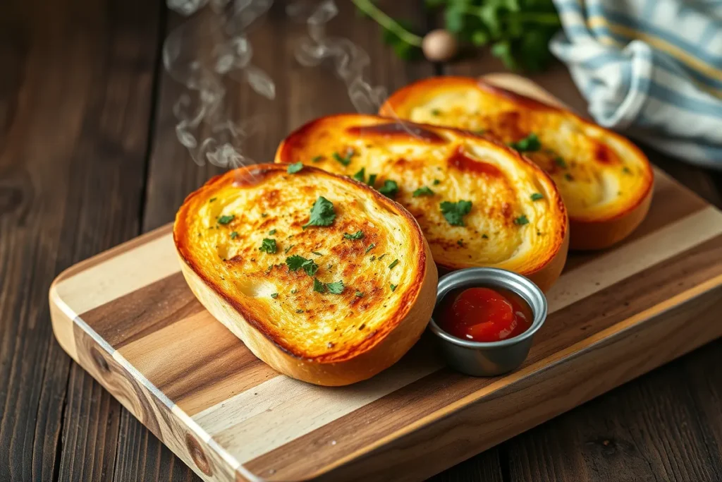 Freshly air-fried garlic toast served on a rustic wooden cutting board, garnished with chopped parsley and accompanied by a small bowl of marinara sauce, highlighting the delicious garlic toast made in an air fryer.






