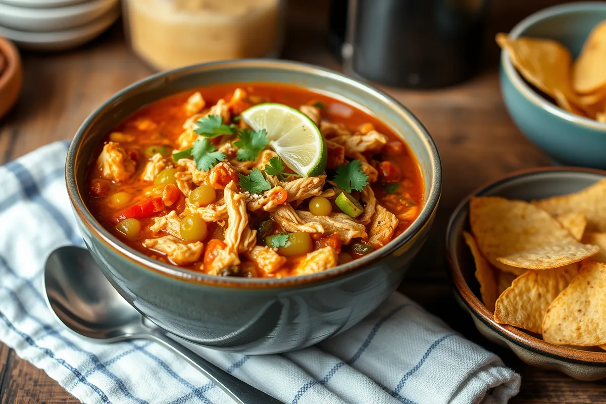 A warm, hearty bowl of Spicy Keto Chicken Chili topped with fresh cilantro and a lime wedge, served alongside low-carb tortilla chips, perfect for a keto-friendly meal.