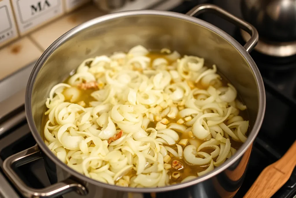 A pot on the stovetop with sautéed onions and garlic, softening and becoming translucent, with steam rising and a wooden spoon resting beside it.

