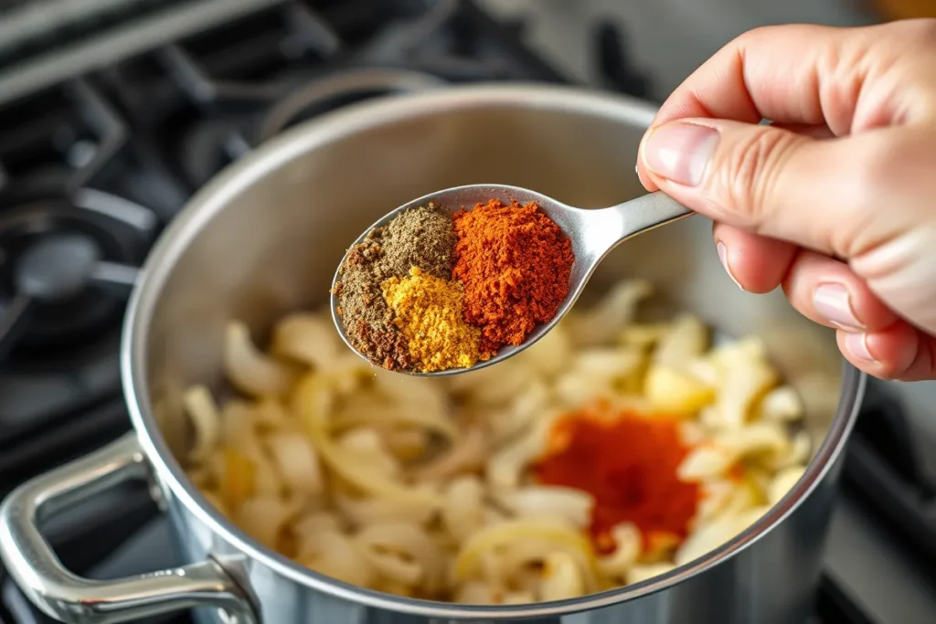 A close-up view of a pot filled with sautéed onions and garlic, with a hand sprinkling colorful spices—chili powder, cumin, and paprika—into the mixture, creating a lively cooking atmosphere.

