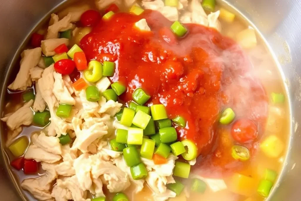 A bubbling pot of Spicy Keto Chicken Chili, showcasing shredded chicken, diced bell peppers, and green chiles being stirred into rich chicken broth, with steam rising.

