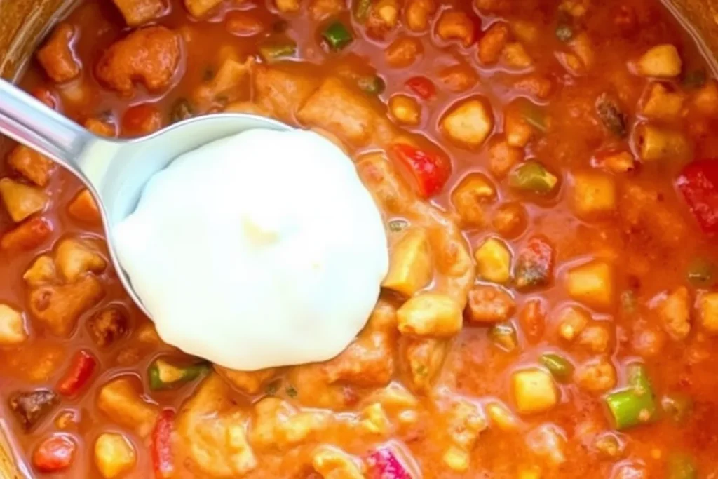 A pot of Spicy Keto Chicken Chili with a spoonful of cream cheese being stirred in, melting into the mixture and creating a creamy texture, with colorful ingredients visible throughout.

