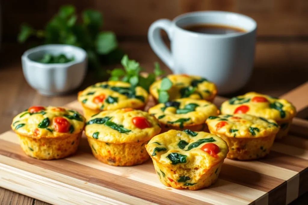 Freshly baked Keto Egg Muffins displayed on a wooden cutting board, filled with spinach, cheese, and bell peppers, accompanied by fresh herbs and a cup of coffee.