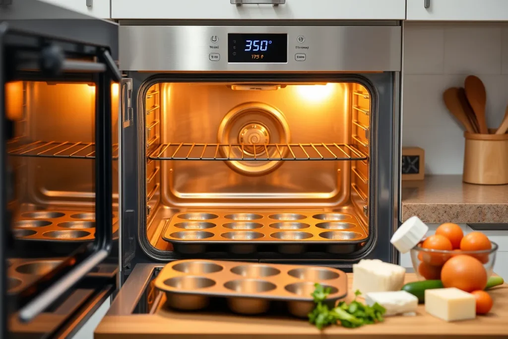 Oven preheating to 350°F (175°C) in a bright kitchen with baking tools and ingredients arranged on the countertop.