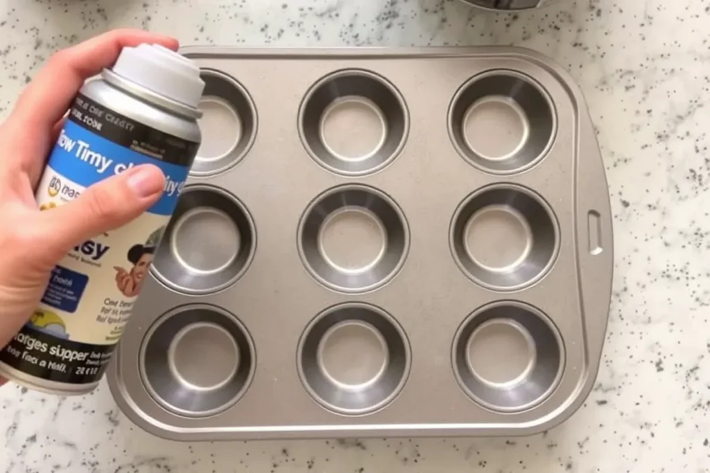 A hand spraying a muffin tin with cooking spray, preparing it for baking in a clean kitchen.