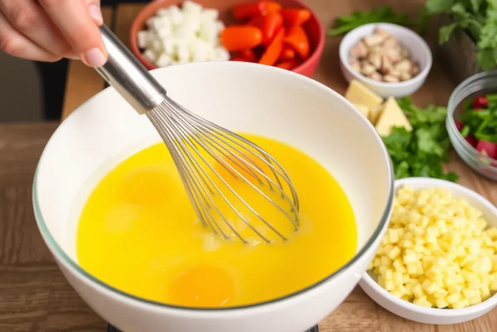 Eggs being whisked in a mixing bowl with fresh vegetables and cheese on the counter, ready to be added.