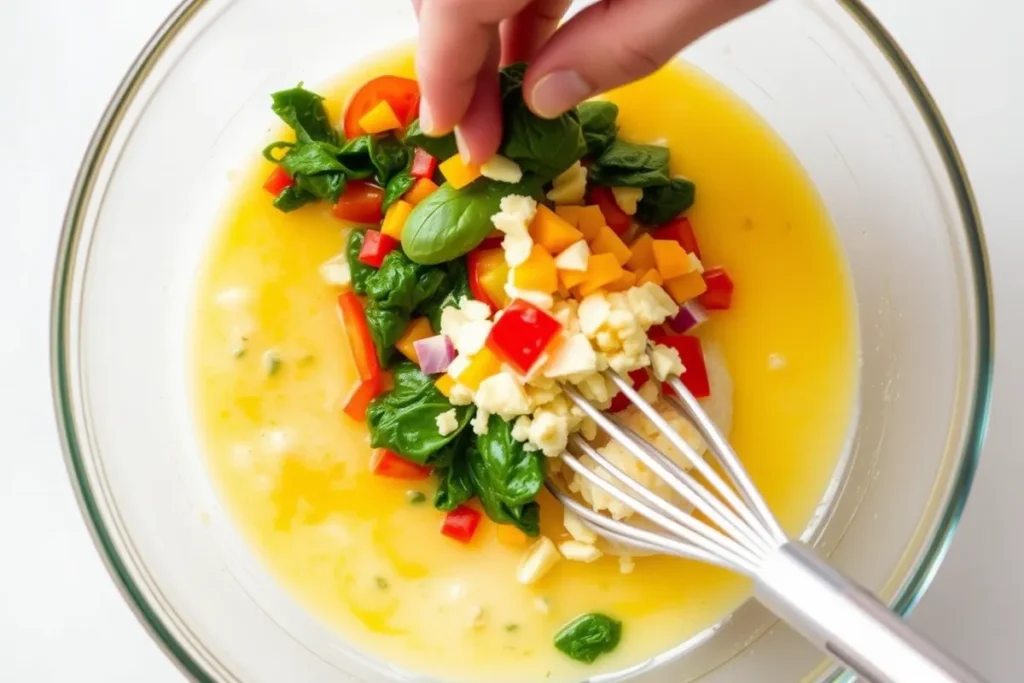 Fresh vegetables, meats, and cheese being mixed into whisked eggs in a large bowl, preparing for Keto Egg Muffins.