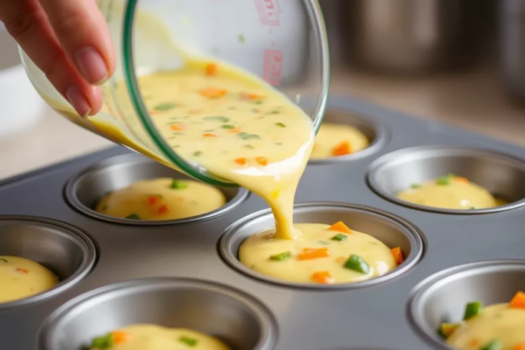 A hand carefully pouring the egg and vegetable mixture into a greased muffin tin, filling each cup about three-quarters full.