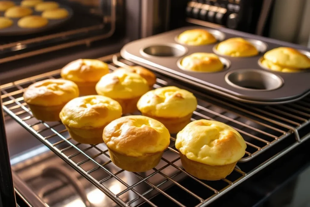 Freshly baked Keto Egg Muffins cooling on a wire rack, golden and puffed, with a muffin tin nearby.