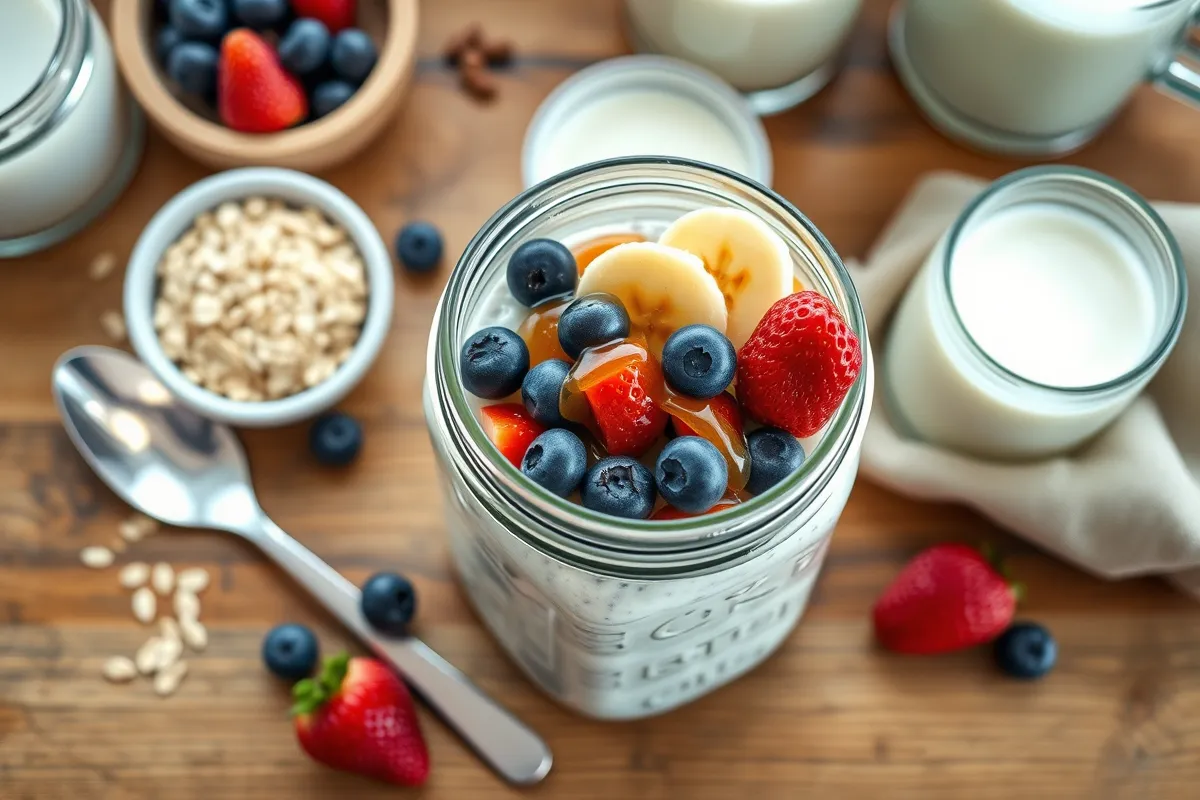 Top-down view of a mason jar filled with creamy overnight oats without chia seeds, topped with fresh berries and banana slices, set on a wooden kitchen countertop with rolled oats, yogurt, and a glass of milk.