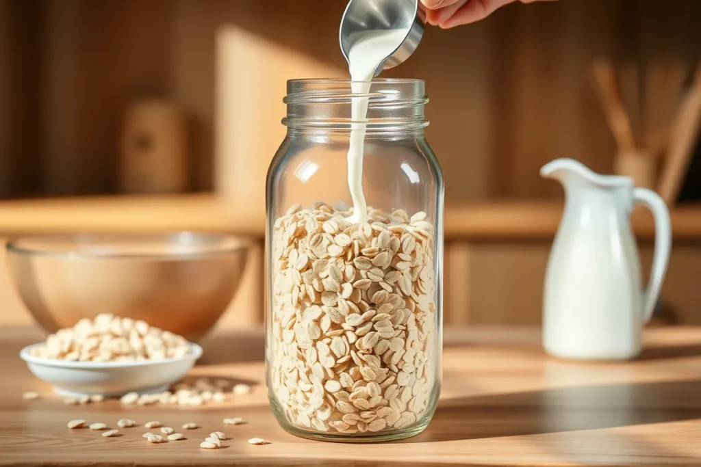 A hand stirring the contents of a jar filled with oats, yogurt, and milk with a spoon, set against a background of scattered oats and a fruit bowl.