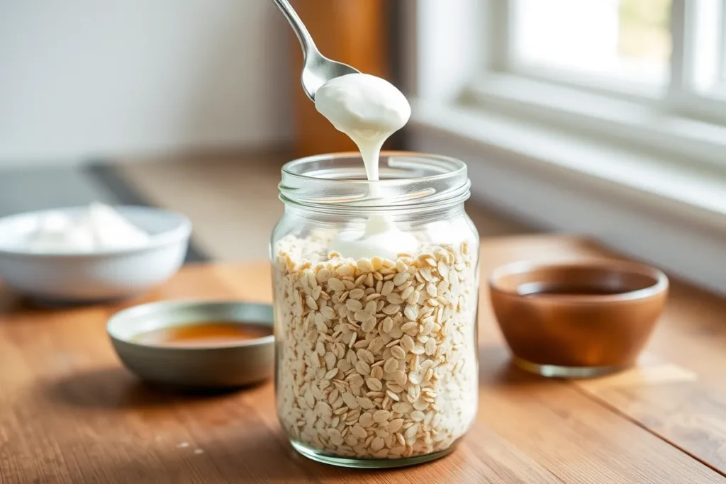 Jar of oats on a wooden countertop with a spoon adding Greek yogurt on top, and a small bowl of honey beside it.