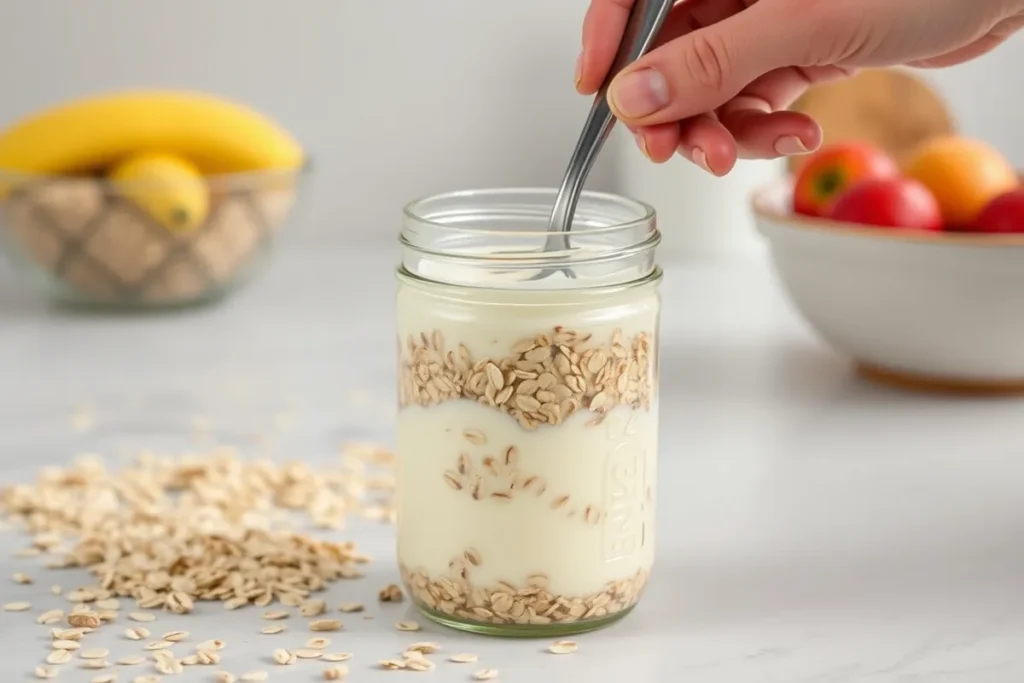 A hand stirring the contents of a jar filled with oats, yogurt, and milk with a spoon, set against a background of scattered oats and a fruit bowl.