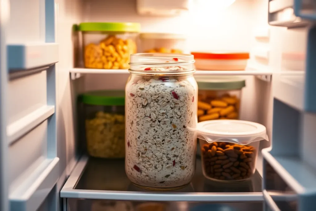 A jar of mixed overnight oats being placed in an open refrigerator, with various food containers visible inside.