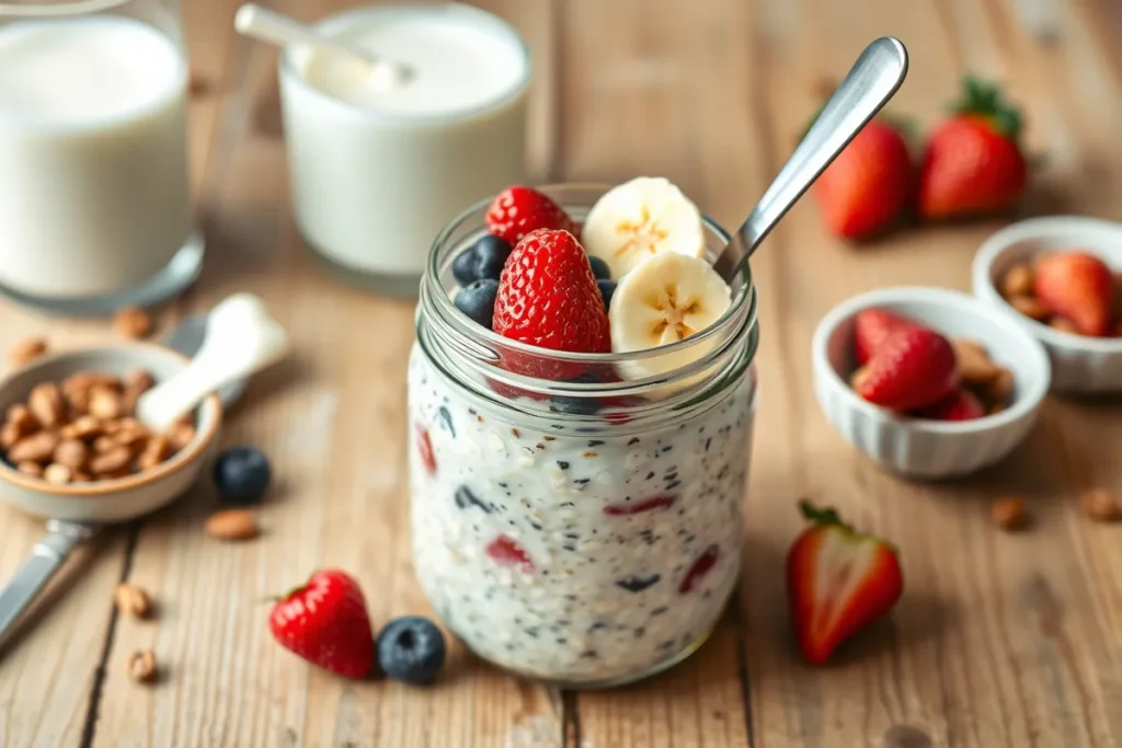 Jar of overnight oats topped with fresh berries and banana slices, surrounded by a spoon, a small bowl of nuts, and a glass of milk on a wooden table.