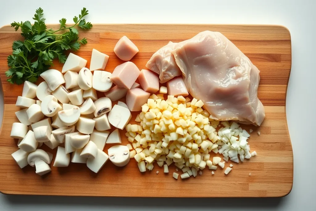 Organized mise en place on a wooden cutting board showing four distinct sections: uniformly cubed raw chicken breast pieces, cleanly sliced white button mushrooms, precisely diced yellow onion, and finely minced garlic cloves. The ingredients are arranged professionally with clear separation between each component.