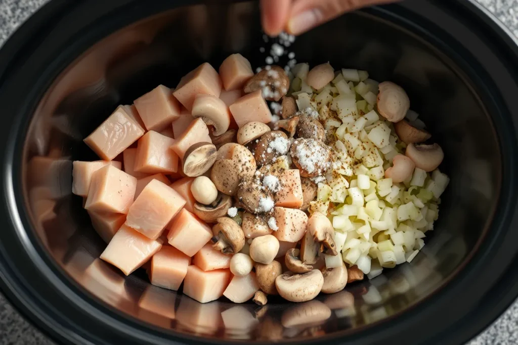 Overhead view of a black slow cooker insert showing distinct layers of ingredients: raw cubed chicken on the bottom, followed by even layers of sliced mushrooms, diced onions, and minced garlic. A light dusting of salt and pepper covers the top layer, creating a seasoned surface across all ingredients.