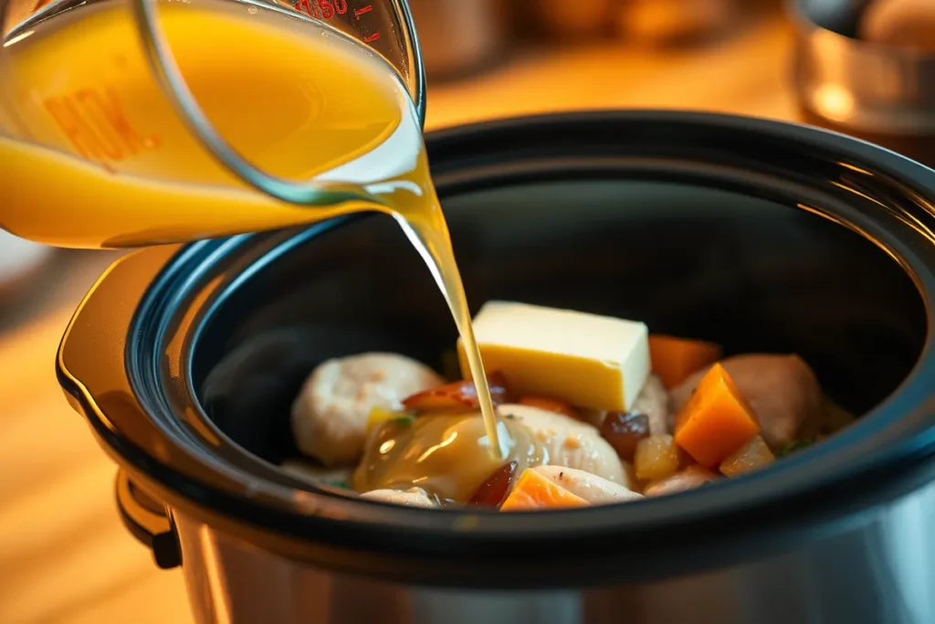 Clear golden chicken broth being poured into the slow cooker from a glass measuring cup, cascading over the layered ingredients. A whole stick of butter rests on top of the ingredients, beginning to melt from the warmth of the broth. The liquid is gradually pooling around the ingredients.