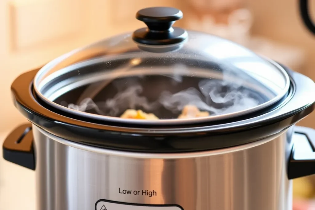 Close-up of an active slow cooker with its glass lid in place, showing condensation forming on the underside. Through the lid, ingredients are visible simmering in the broth. The digital control panel displays either the "Low" setting with 6-7 hours or "High" setting with 4 hours remaining.