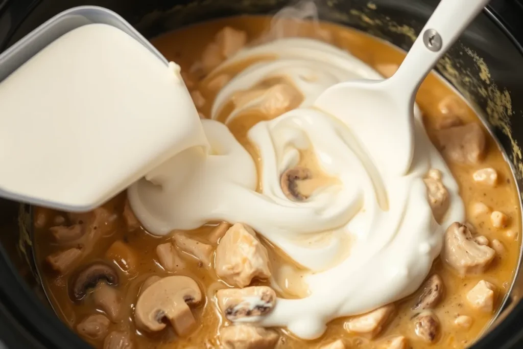 An action shot showing cream cheese and sour cream being stirred into the cooked chicken mixture. The sauce is transitioning from golden-brown to creamy white, with visible swirls of dairy products incorporating into the sauce. Tender chicken pieces and mushrooms are visible throughout the mixture.