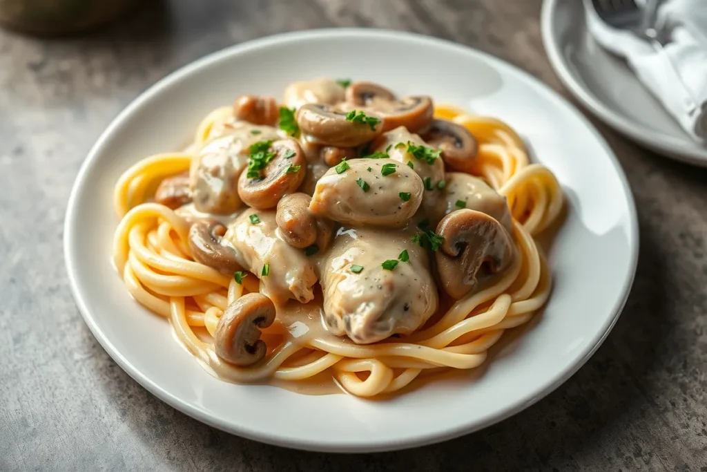 A white ceramic plate showcasing the finished chicken stroganoff. Tender chunks of chicken and sliced mushrooms are coated in a rich, creamy sauce, served over a bed of egg noodles. Fresh chopped parsley garnish adds color contrast to the pale, creamy dish. The sauce has a silky, smooth texture that clings to both the meat and noodles.