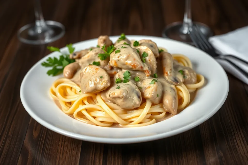 A warm, inviting kitchen scene with a bowl of slow cooker chicken stroganoff, garnished with fresh parsley, and surrounded by ingredients and utensils.