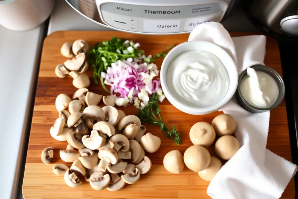 Fresh ingredients for Slow Cooker Mushroom Stroganoff, including sliced mushrooms, chopped onions, minced garlic, thyme, and sour cream, laid out on a wooden cutting board in a cozy kitchen.