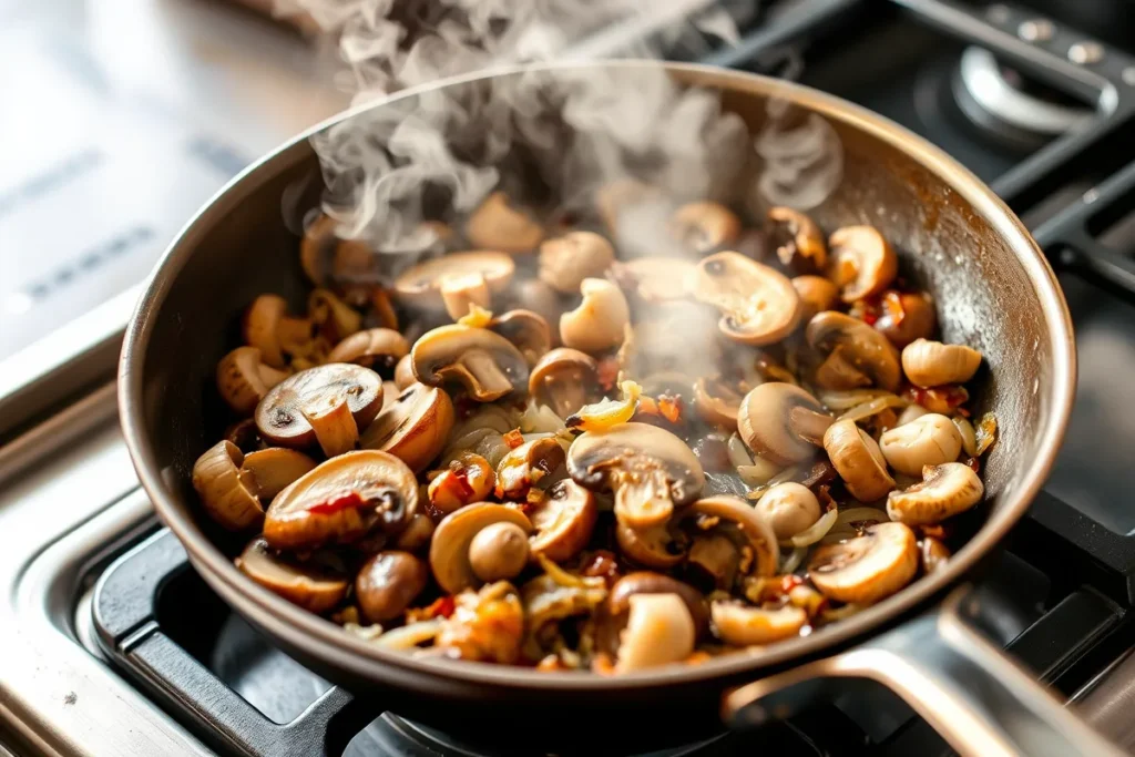 Mushrooms, onions, and garlic sautéing in a pan, with mushrooms turning golden brown and onions caramelizing, releasing savory steam.