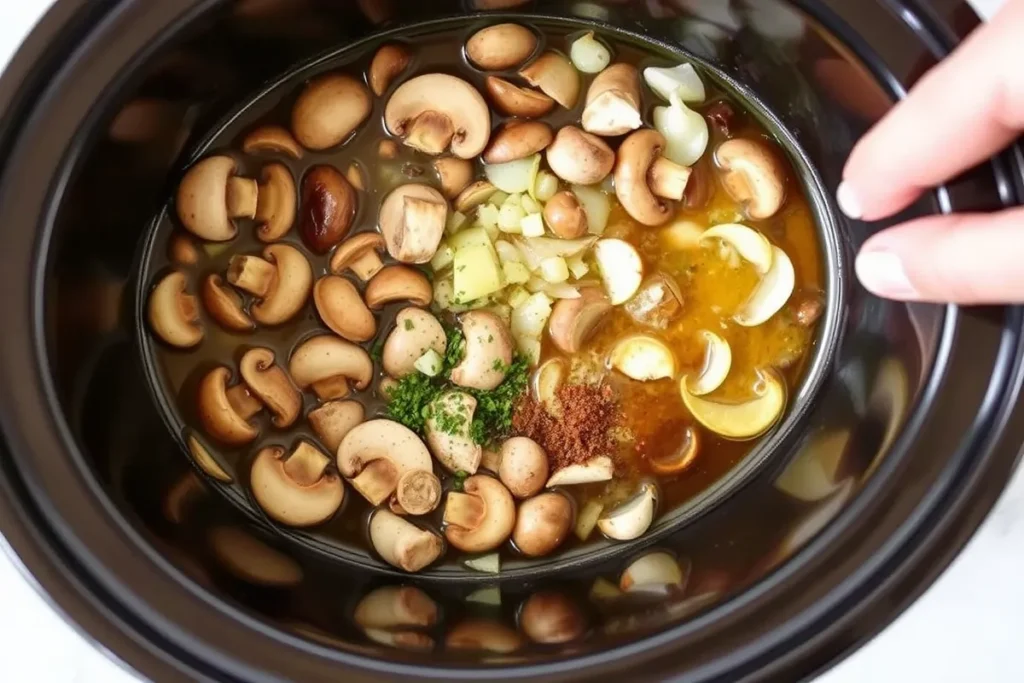 A slow cooker filled with layers of mushrooms, onions, vegetable broth, and seasonings, with a hand adjusting the slow cooker settings for an easy, hands-off meal.