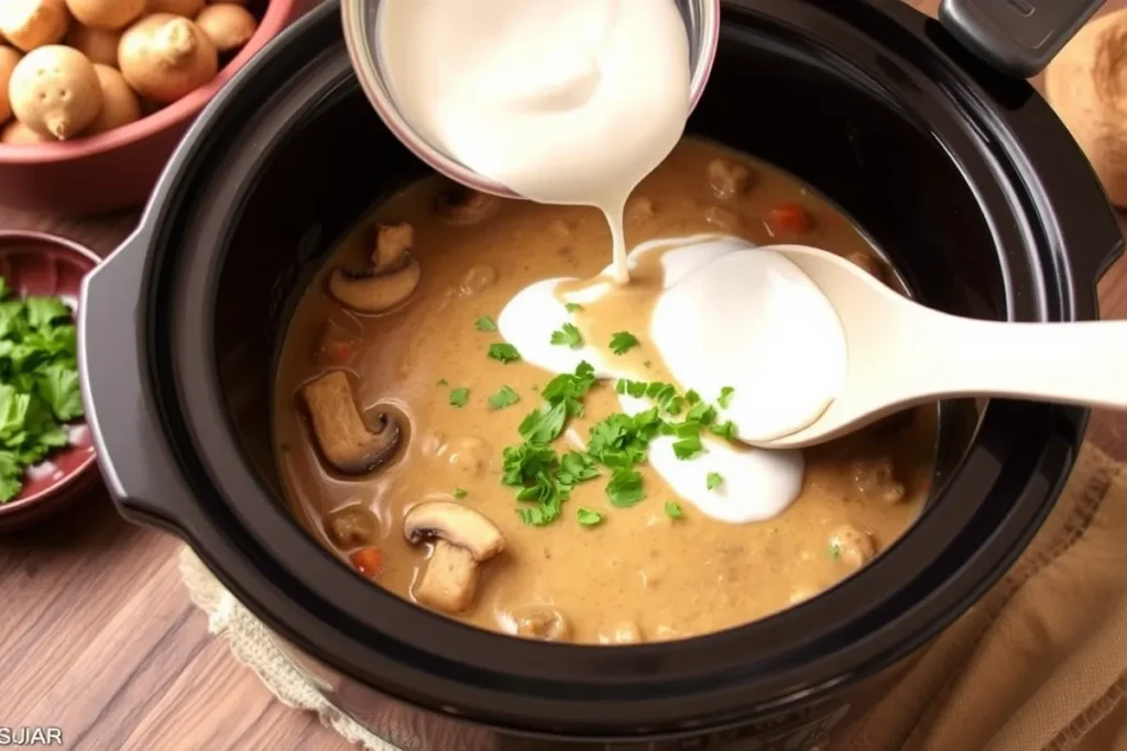 A creamy mushroom stroganoff in a slow cooker, with sour cream being stirred in, creating a rich, smooth sauce, and garnished with fresh parsley.