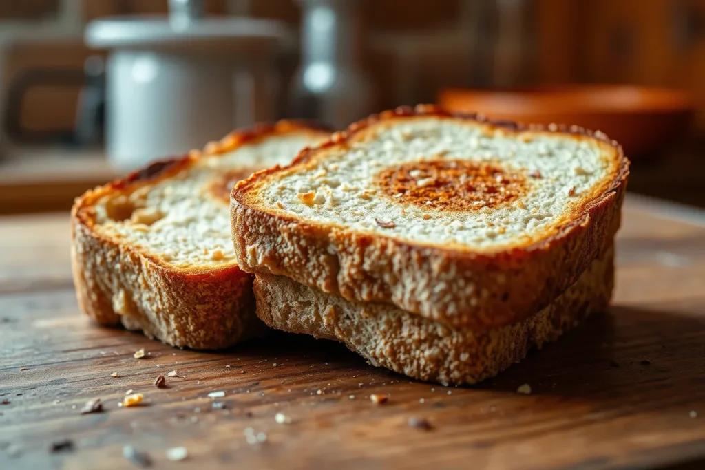 Close-up of two slices of whole-grain or sourdough bread toasting to a golden brown on a rustic kitchen countertop, showcasing crispy edges and a crunchy texture, with warm, soft lighting enhancing the scene.

