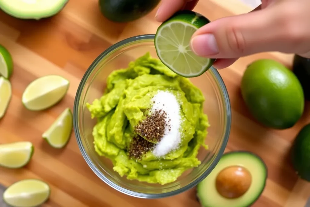 A bowl of freshly mashed avocado with a chunky texture, with fresh lime juice being squeezed over it. Salt and pepper are ready to be added beside the bowl, while a wooden cutting board in the background features scattered lime wedges and avocado halves, creating a vibrant kitchen scene.

