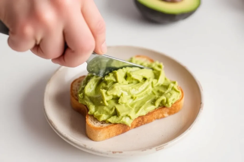 A hand spreading creamy avocado mixture evenly over a slice of toasted bread with a knife. The thick, smooth avocado fills the toast generously, set in a bright, clean environment on a rustic plate, capturing the step-by-step process in a homely kitchen.

