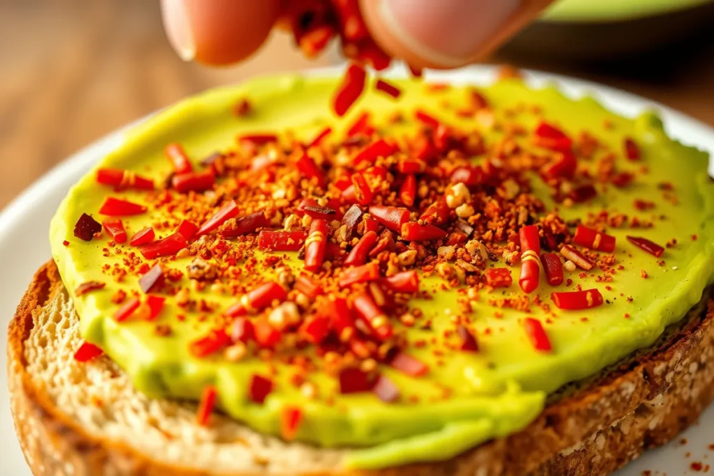 Close-up of chili flakes being sprinkled over avocado toast, with vibrant red flakes contrasting against the bright green avocado, capturing the addition of spice with a subtle hand gesture, creating an appetizing and colorful look.

