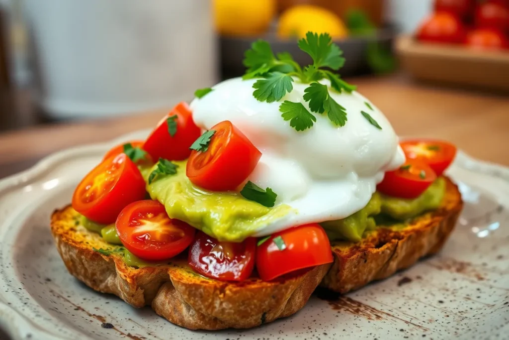 Final presentation of avocado toast topped with sliced cherry tomatoes, a perfectly poached egg, and fresh cilantro. The toppings add layers of color, showcasing juicy red tomatoes, creamy white egg, and bright green cilantro on a rustic plate against a welcoming kitchen background.

