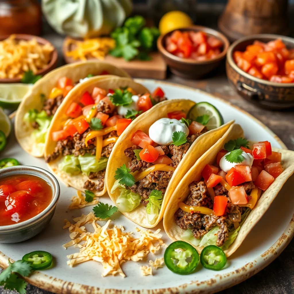 Plate of beef tacos with seasoned beef, melted cheese, lettuce, tomatoes, and sour cream, garnished with lime wedges, cilantro, and a side of spicy salsa.