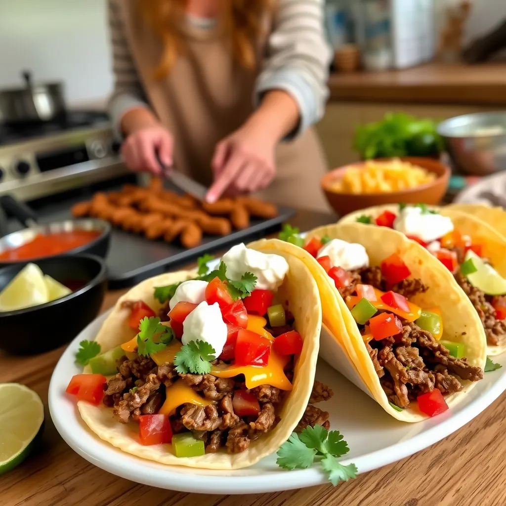 A cozy kitchen scene showcasing a plate of beef tacos filled with seasoned beef, melted cheese, lettuce, tomatoes, and sour cream, garnished with lime wedges and cilantro, with a side of spicy salsa. A woman is partially hidden in the background, dressed in casual attire, engaged in food preparation.