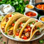 Plate of beef tacos with seasoned beef, melted cheese, lettuce, tomatoes, and sour cream, garnished with lime wedges, cilantro, and a side of spicy salsa.