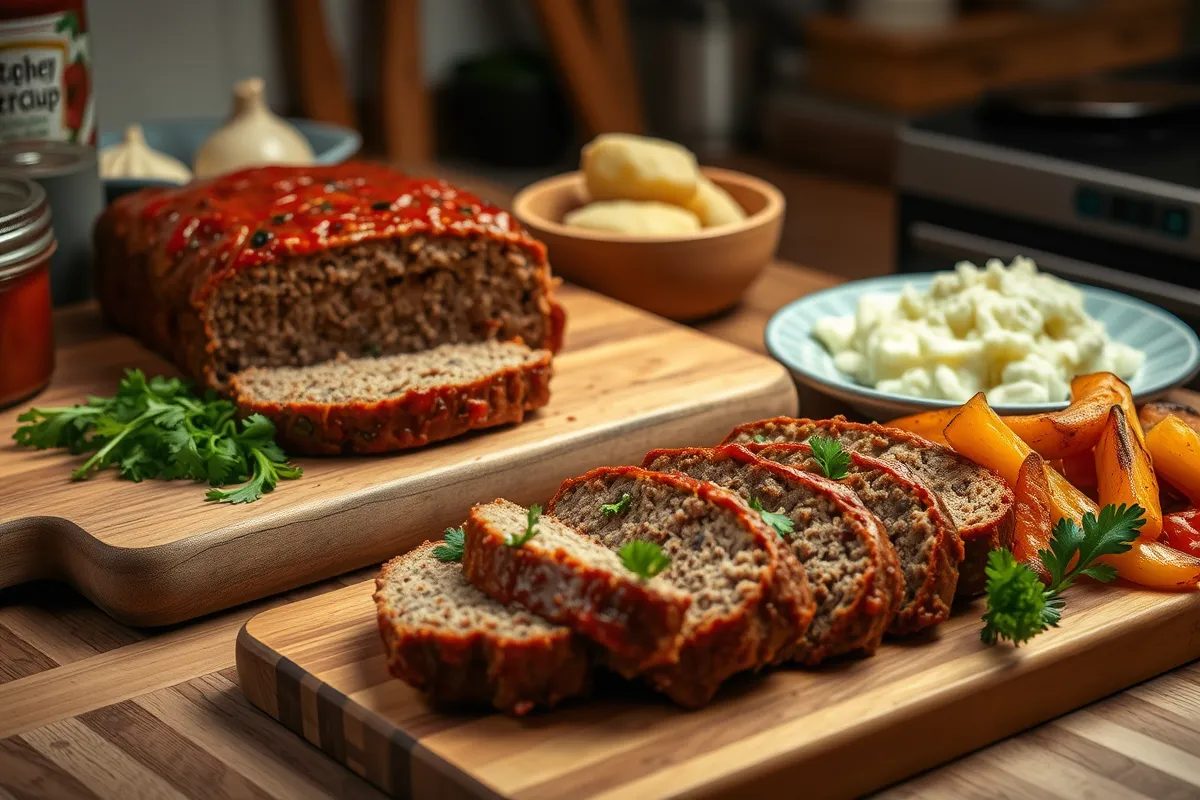 A freshly baked classic meatloaf on a wooden cutting board, surrounded by fresh ingredients like onions, breadcrumbs, and ketchup. Slices of meatloaf are served on a plate with garnished parsley, accompanied by mashed potatoes and roasted vegetables, set in a cozy kitchen.