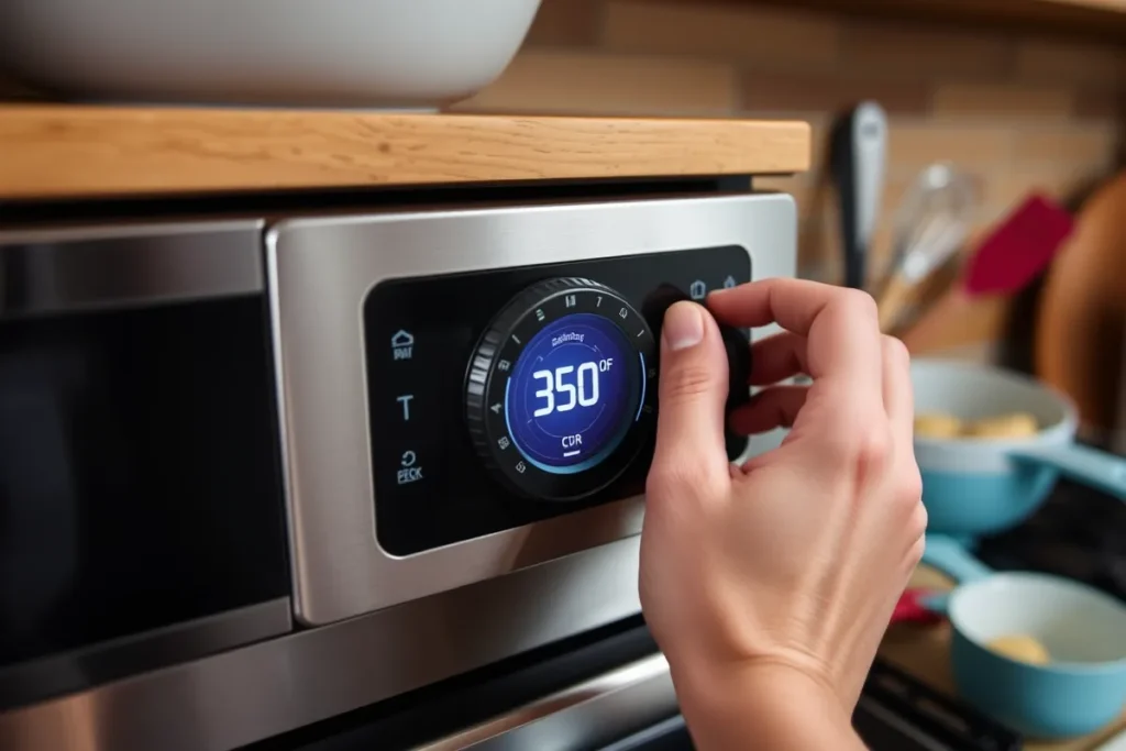 A cozy kitchen with an oven set to 350°F (175°C), showing a hand adjusting the oven dial surrounded by baking utensils like a mixing bowl and measuring cups.