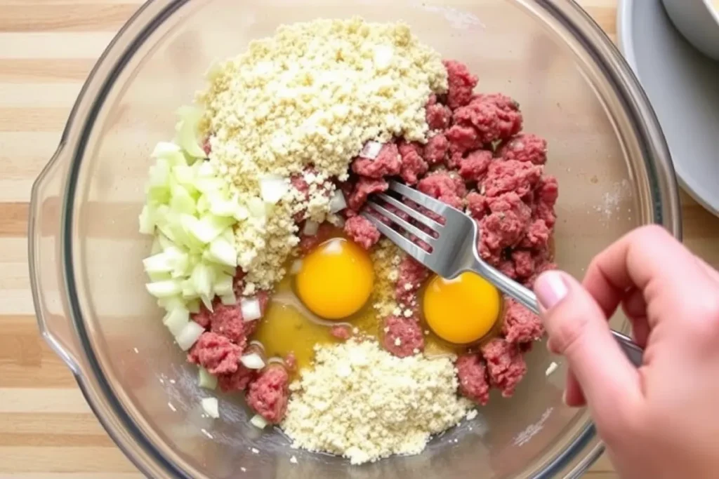 A mixing bowl filled with ground beef, chopped onions, breadcrumbs, and eggs, with a hand mixing the ingredients with a fork, creating a casual kitchen atmosphere.