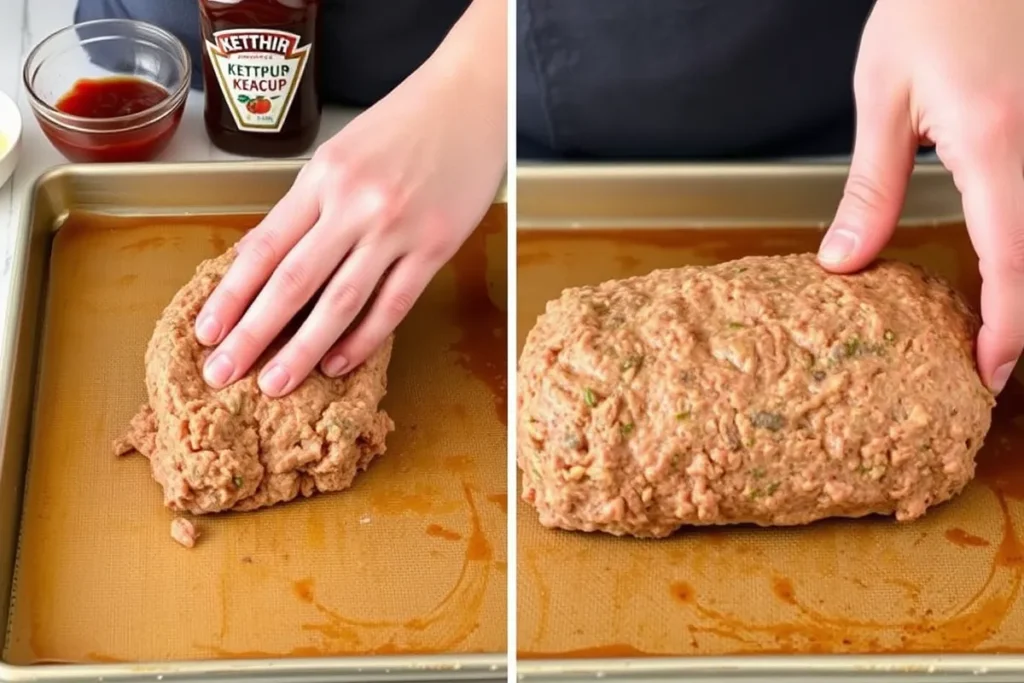 A close-up of a person shaping a meat mixture into a loaf on a baking sheet, with ketchup and Worcestershire sauce visible in the background, highlighting the hands-on cooking process.